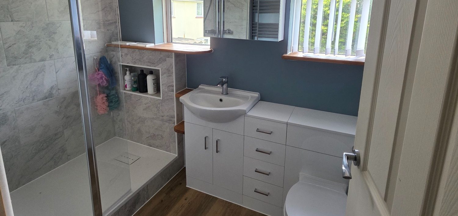 Modern bathroom featuring a walk in shower, vanity sink unit, storage cupboards, and light wood flooring.